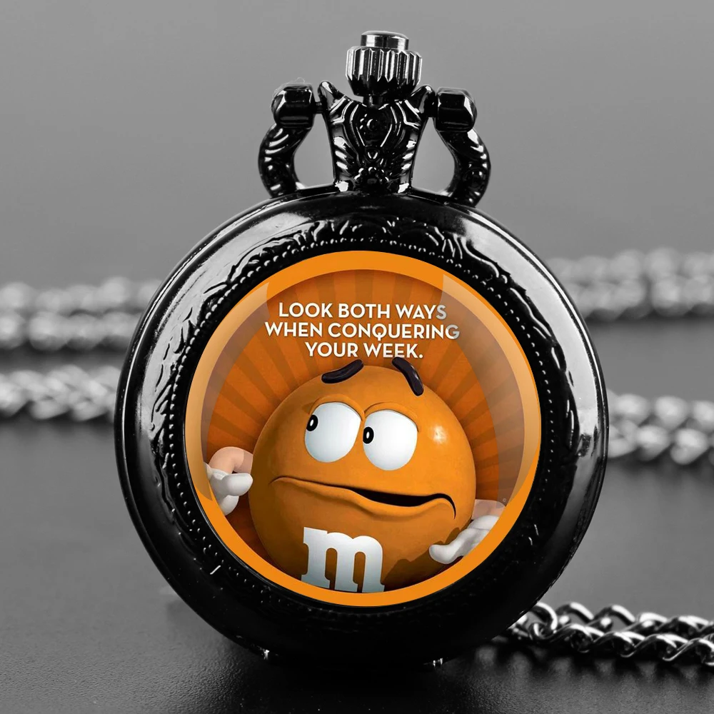 M & M's-Montre de Poche à Quartz avec Numérisation Arabe pour Femme et Enfant, Horloge Vintage avec Pendentif en Verre et Haricot Chocolat, Horloge et Collier