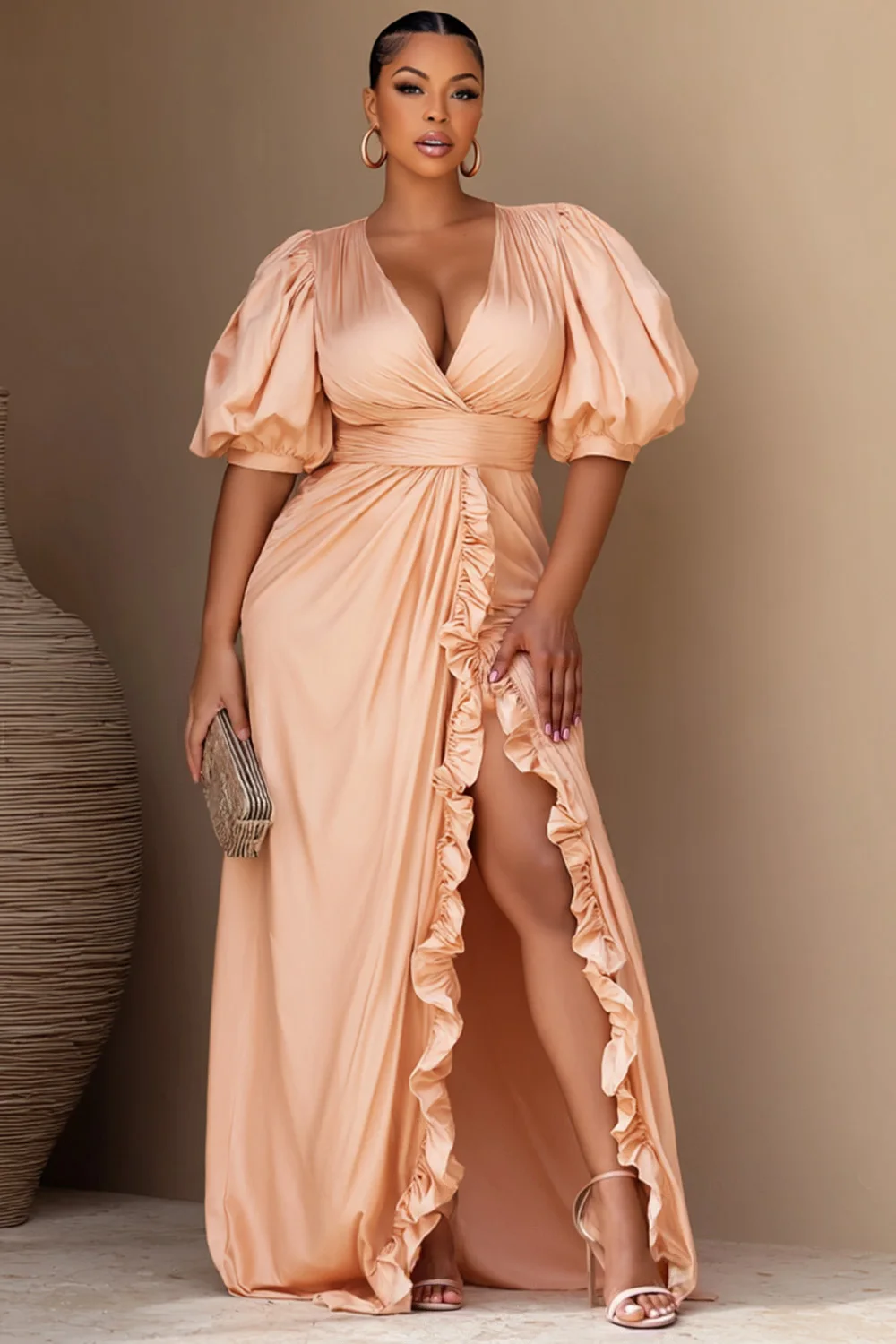 

Satin Deep V Neck Plus Size Maxi Dress Puff Sleeve Ruched Waist Ruffle High Slit Formal Evening Gown Elegant Dress for Women