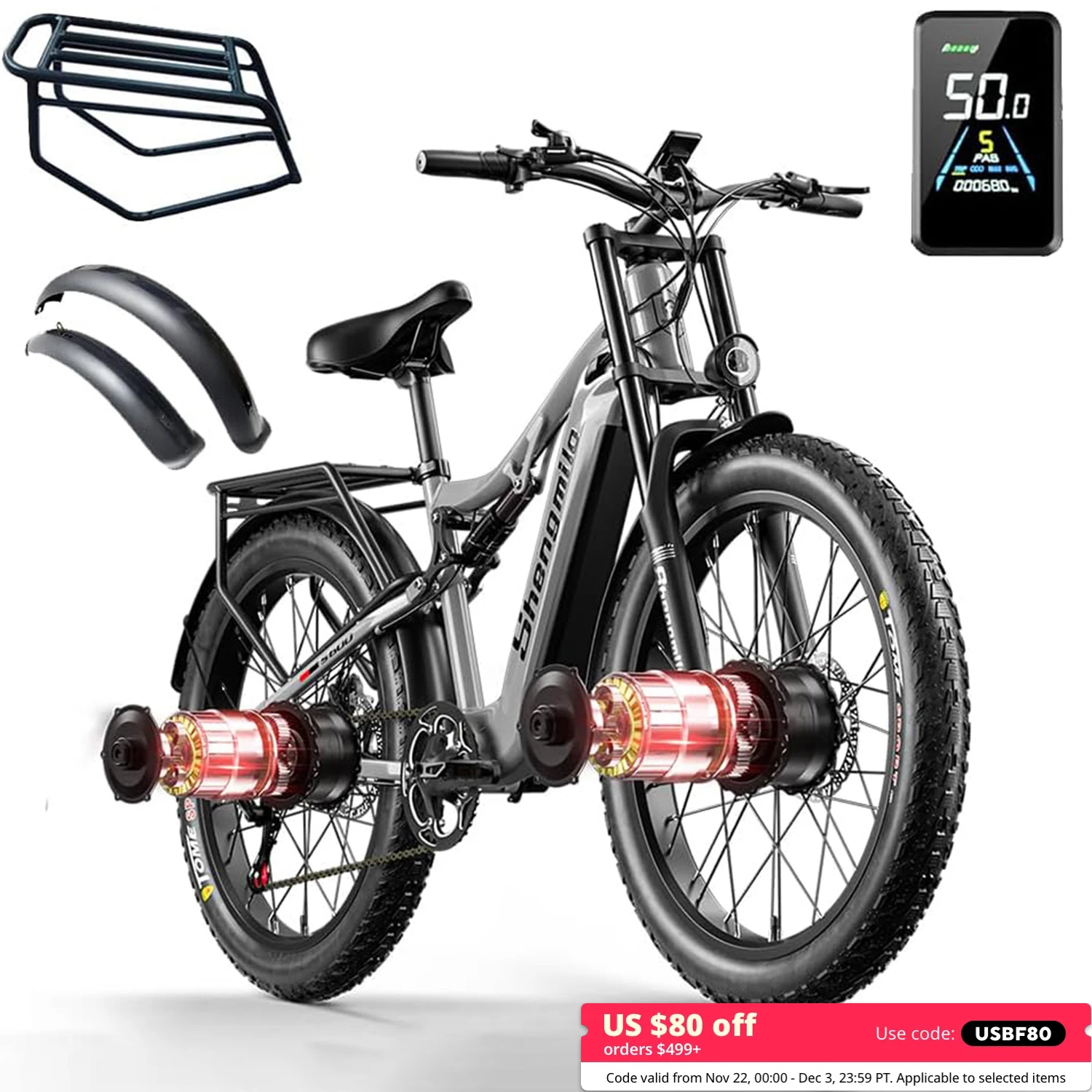 Shengmilo S600 Electric Bike for Adults 31MPH 26 Inch 2000W Dual Motors Ebike 48V 17.5AH Samsung Battery E-Mountain Bicycle LCD