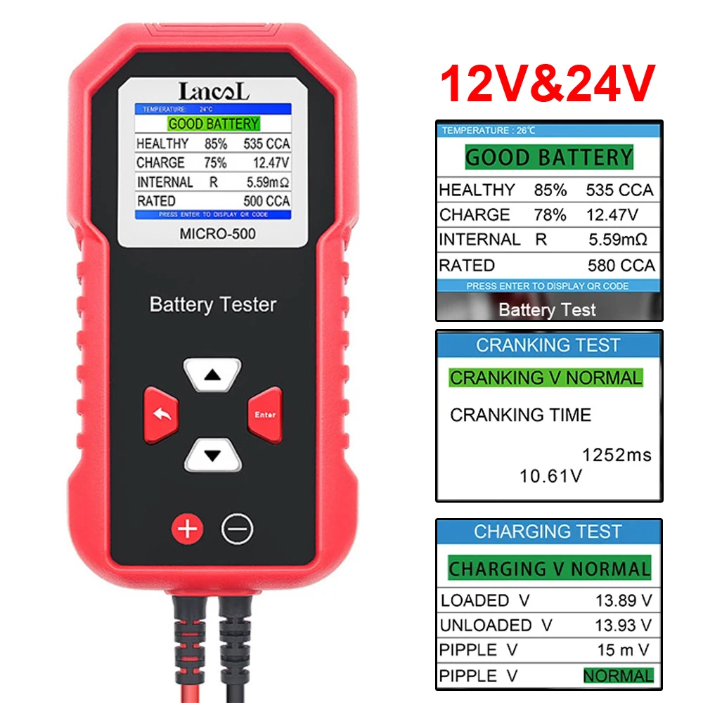 12V Car Battery Tester With LED Display 40-3000 CCA Lithium Battery Test Lancol Micro500 Lead Acid Battery Analyzer