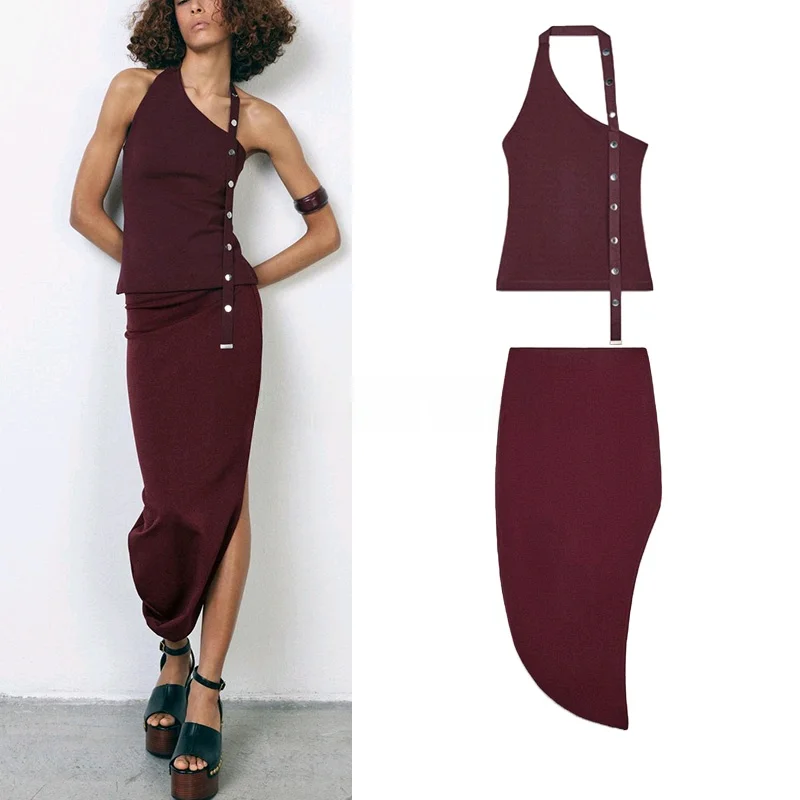 

Весна-лето, новая повседневная юбка с асимметричным дизайном, комплект из двух предметов, длинные брюки с круглыми пуговицами, модная женская одежда