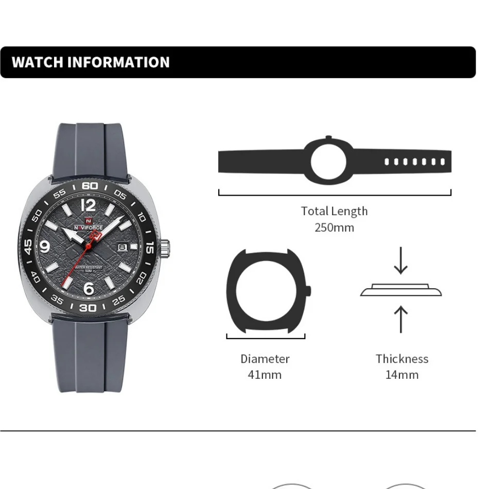 New NAVIFORCE Men's Quartz Movement Fashion Watch with Luminous Pointer Display 50m Water Resistance Silicone Strap Male Clocks