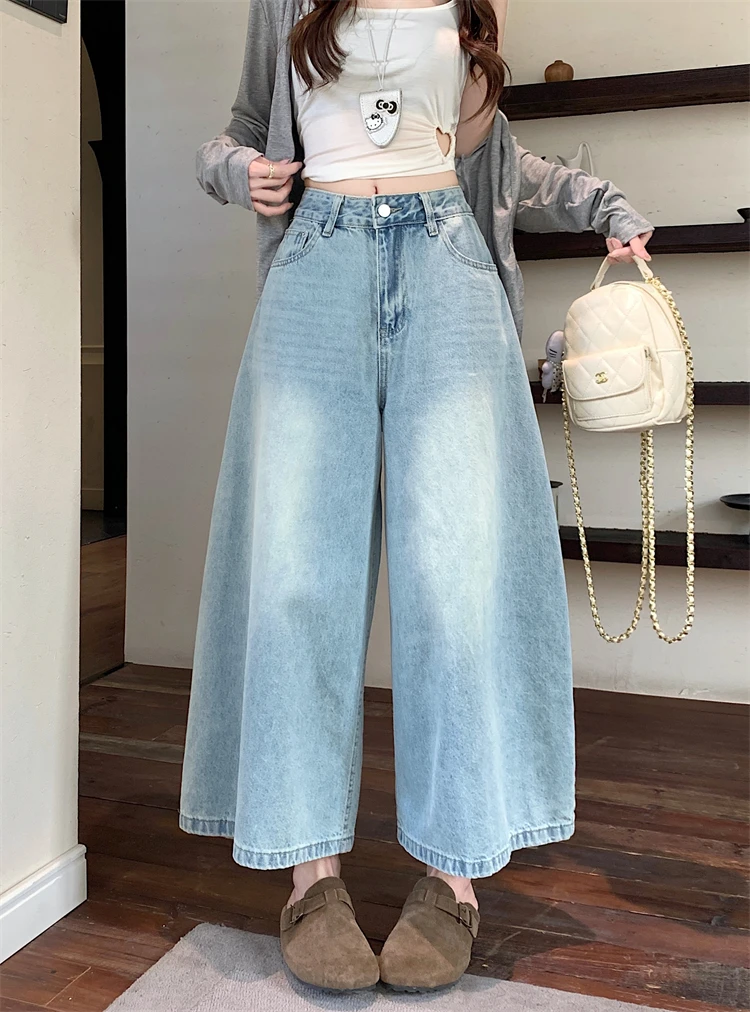 

Retro American Blue Faded Washed Denim Jeans Women High Waist Wide Leg Nine Point Spring Slimming Casual Loose Fit Jeans