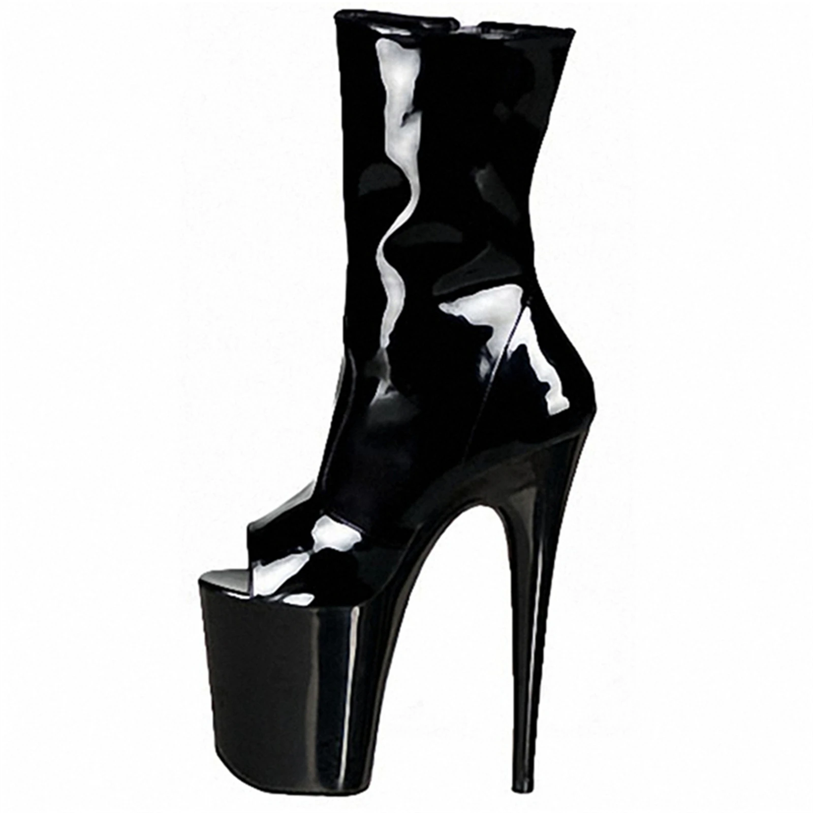 ​Motorcycle Crossover Boots 20CM, Limited Edition Black Peep Toe Heels with Platform, Collector's Statement Shoes​