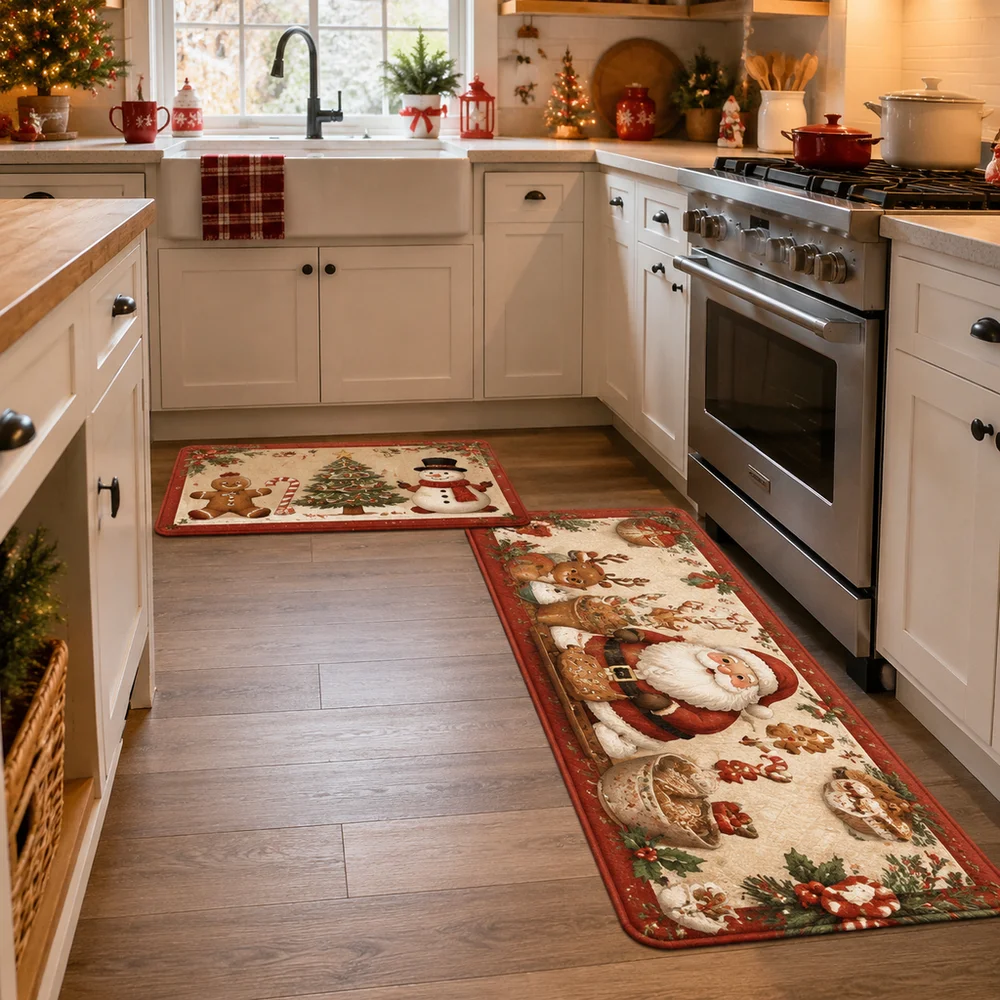 VIKAMA 1pc/2pc New Style Hot-selling Christmas Kitchen Floor Mat Easy to Clean Laundry Room Dining Room Flannel Rug Home Decor