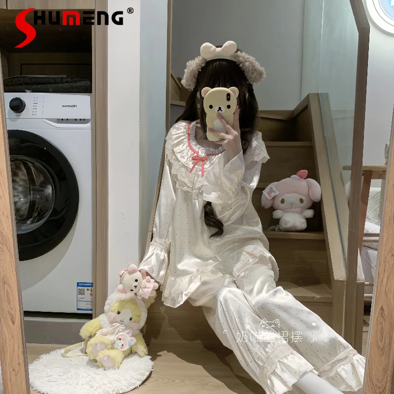 Pijamas bonitos de primavera y otoño para niña, ropa de casa de seda helada con lunares, deseo puro, estilo dulce, salón de dormir japonés