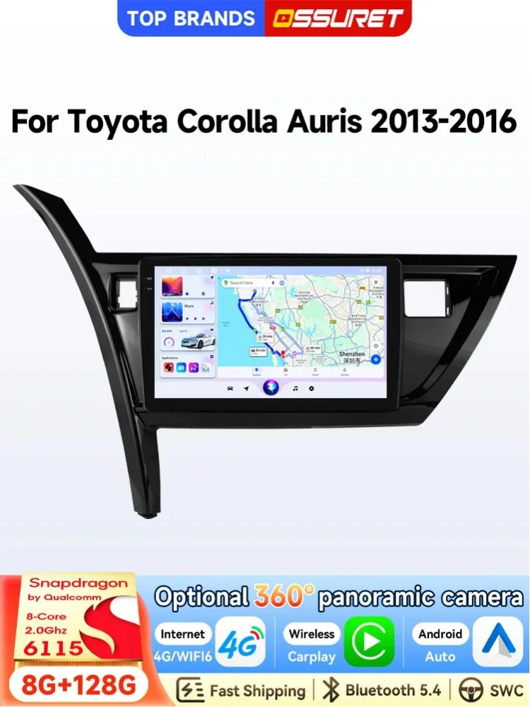 OSSURET Schnelle Lieferung 10,1 Zoll Android 14 Autoradio für Toyota Corolla Auris 2013-2016 Linkslenker mit Qualcomm Snapdragon 6115 Octa-Core GPS-Navigation Bluetooth SWC WiFi Wireless Carplay
