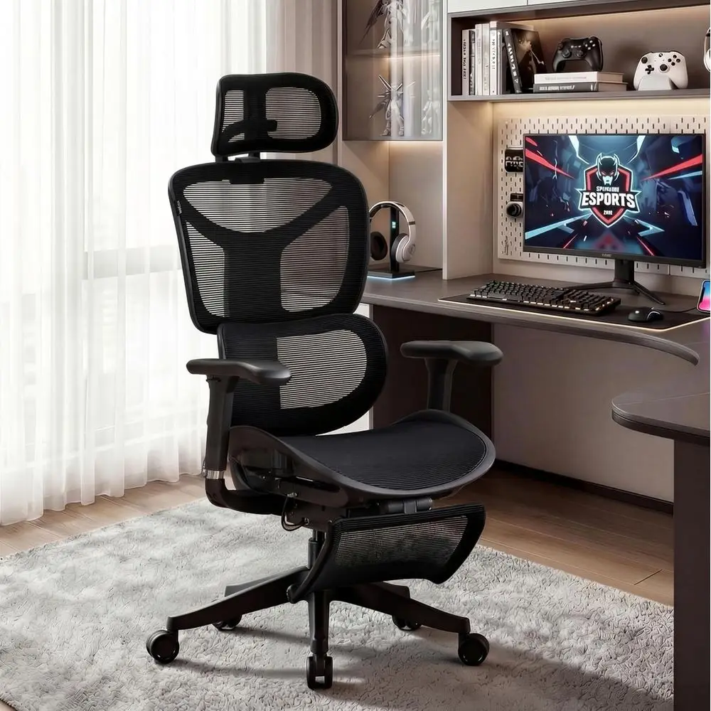 

Ergonomic Mesh Office Chair with Footrest, Lumbar Support, and Silent Casters - Comfortable Desk Chair for Home and Gaming, Blac