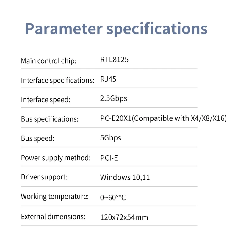 2.5GB PCIe Networking Card RTL8125 Chip 2.5G Ethernet Interfaces Wlan Adapter D5QC