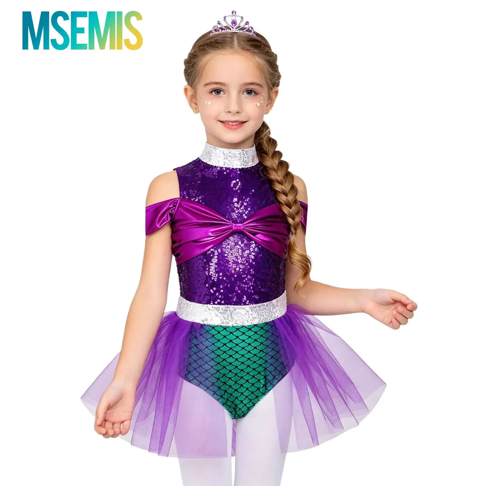 Kids Girls Gymnastics Ballet Leotards Dance Performance Costume Sequin And Bowknot Bodysuit Jumpsuit Attached with Tulle Skirt