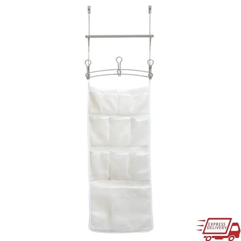 

Over-the-Door Towel Bar with Mesh Pocket Organizer 3 Double Hooks Bathroom Storage Solution No Tools Required Secure Fit