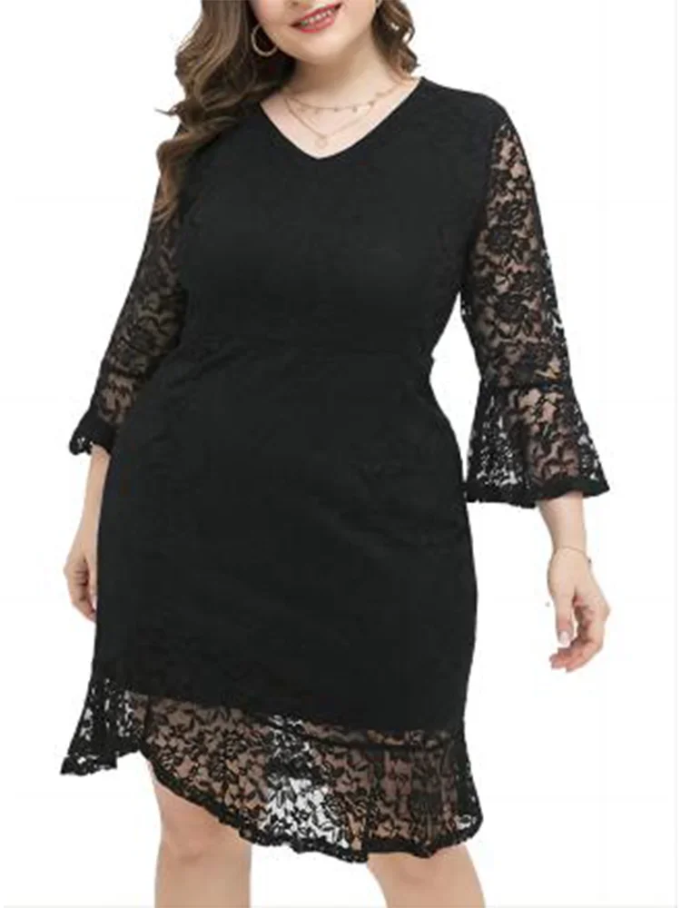 Fashionable Lace Plus Size Women's Intellectual Elegance Irregular Long Sleeve Slim Fit Dress Evening Party Vestidos para mujer