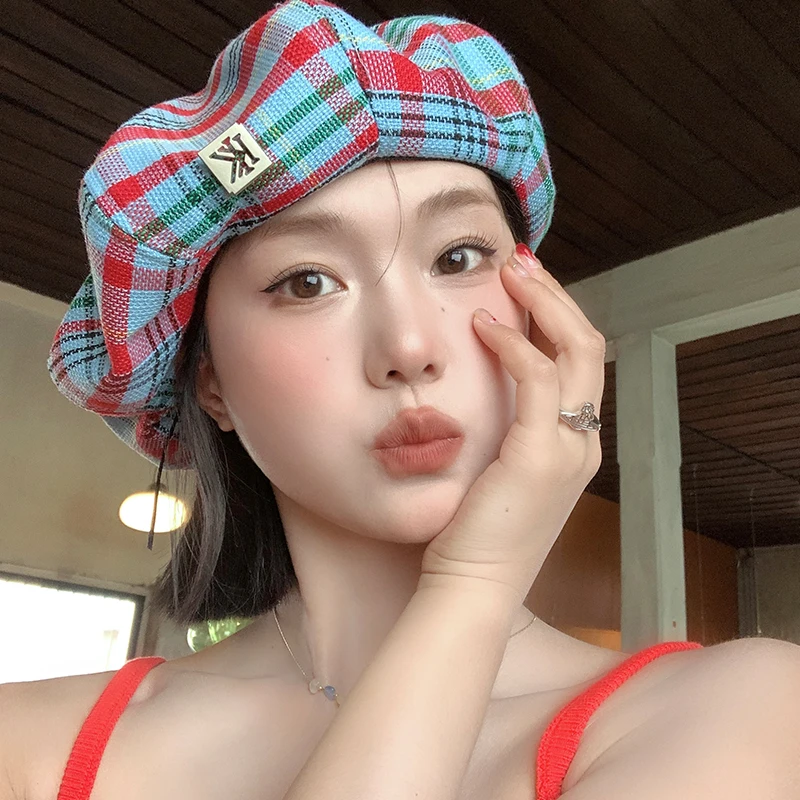 Retro Contrasting Color Plaid Berets for Women Show Face Small Spring Summer Japanese Casual Versatile Literary Painter Hats