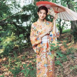 Japanese Kimono For Women Orange Floral Print Bath Robe Hot Spring Kawaii Girls Portrait Showcase Photoshooting Geisha Cosplay