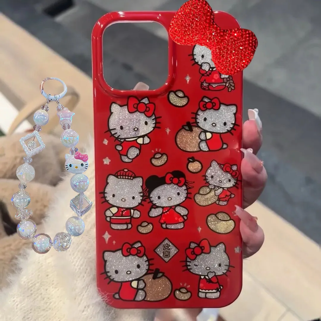 New Year's Ingots Red Hello Kitty Diamond Bow Phone Case For iPhone 16 15 14 13 12 11 Pro Max XR XS MAX 7 8Plus MINI Y2K  Cover