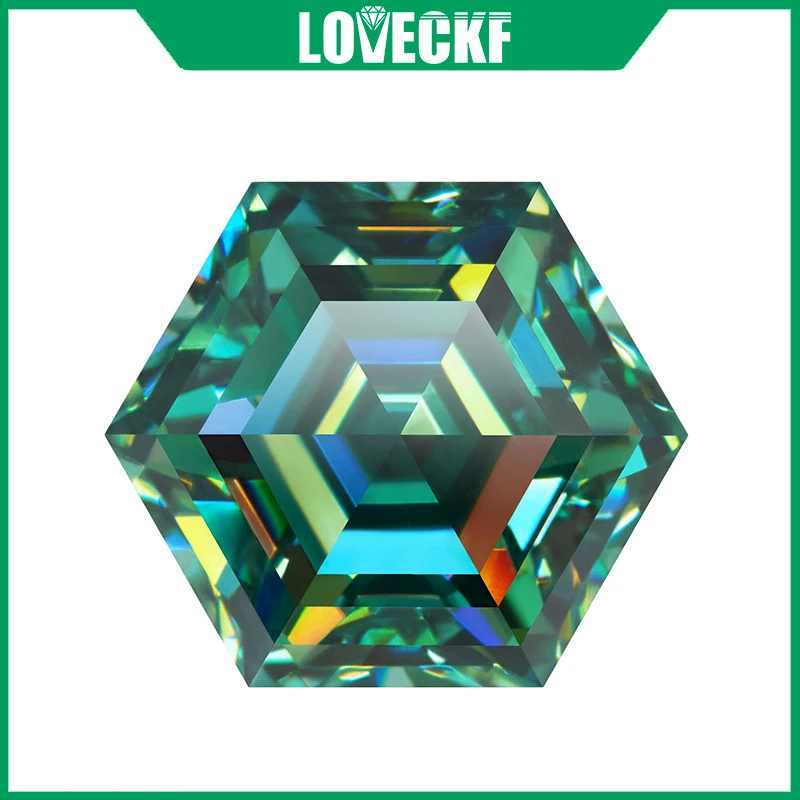 

Never Fade Green Color Hexagon Shape Moissanite Stone VVS1 Lab Diamond Pass Diamond Tester with GRA Certificate