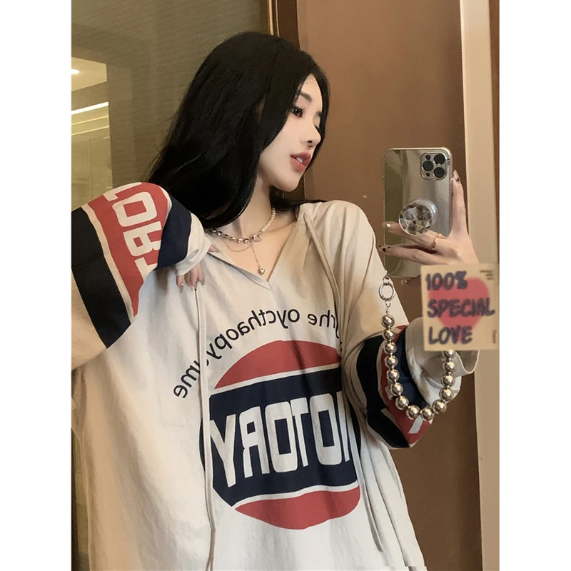 

Man Women American Letter Printed Thin Long Sleeved Hooded Sun Protection T-shirt For Women's Spring 2024 New Length Loose Top