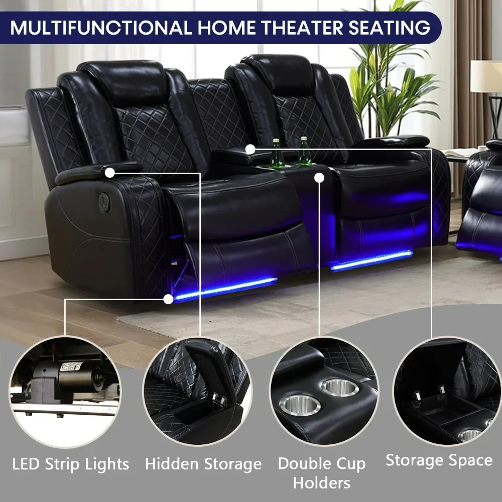 Leather Recliner Sofa Set, Power Reclining Sofa With USB Port, Wireless Charger, Storage Console, Cup Holder Theater Black Sofas