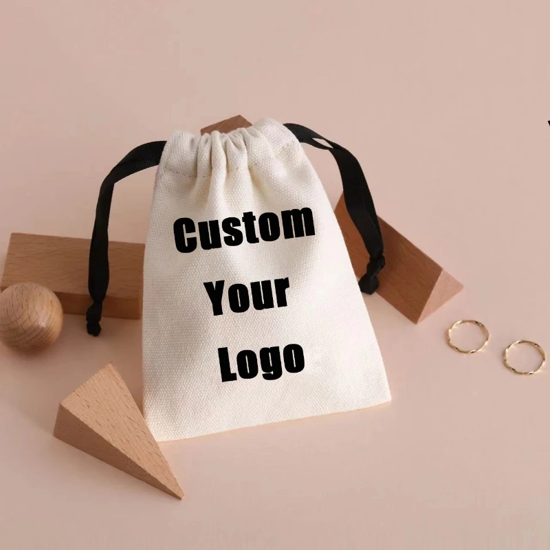 

10 Pcs/Lot Custom Logo Canvas Fabric Muslin Drawstring Bag with Printed Canvas Dust Gift Earing Ring Jewelry Bag Wedding Favor