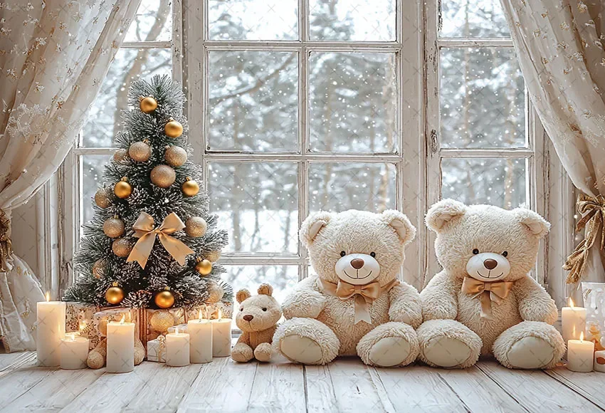 Фон для фотосъемки Mehofond, зимний рождественский фон с окном, медведем, рождественской елкой, детский праздник, семейный портретный декор, фон для фотостудии