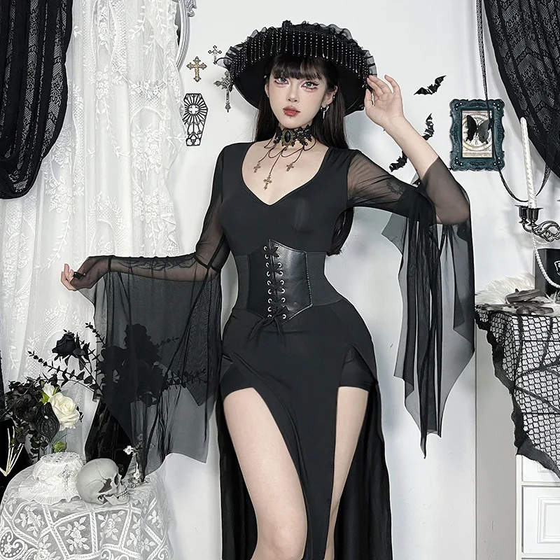 

Эстетическое готическое темное платье для косплея, женский винтажный костюм на Хэллоуин с сетчатыми рукавами в стиле пэчворк, с v-образным вырезом и высокой талией, с разрезом