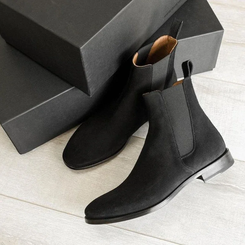 New Chelsea Boots for Men Business Flock Round Toe Slip-On Solid Men\'s Formal Boots Size 38-48 Mens Boots