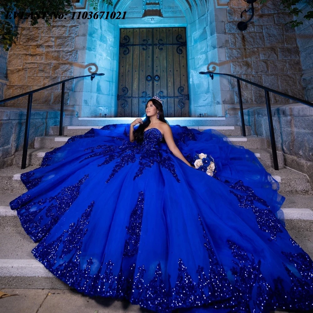 

EVLAST 2025 ярко-голубое платье Quinceanera бальное платье блестящая Кружевная аппликация отделанный бисером ярусный корсет Sweet 16 Vestidos De 15 Anos SQ782