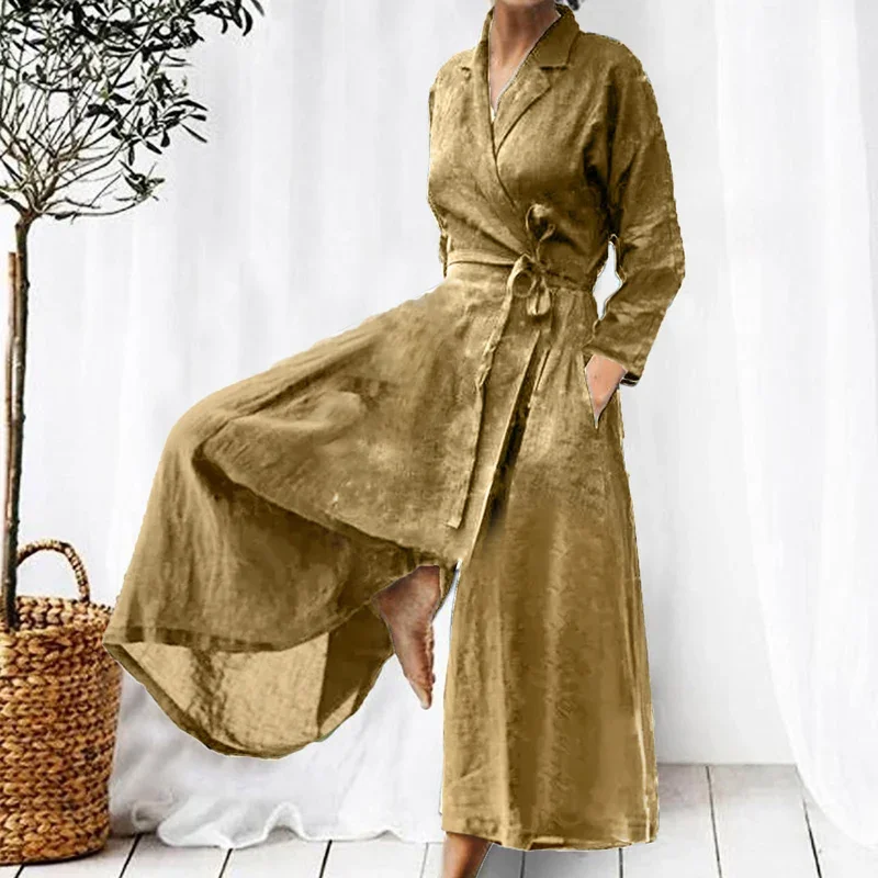 Elegant Lapel Solid Color Womne Jumpsuit Spring Autumn Long-sleeve Loose Romper Female Vintage Tie-up Wide Leg Overalls Jumpsuit