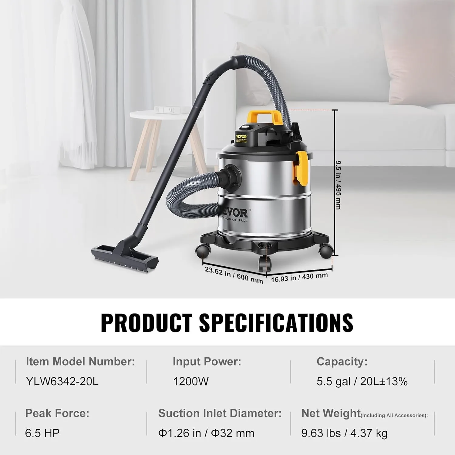 Stainless Steel Wet Dry Shop Vacuum, 5.5 Gallon 6 Peak HP Wet/Dry Vac, Blower Function w/Attachment 2-in-1 Crevice Nozzle