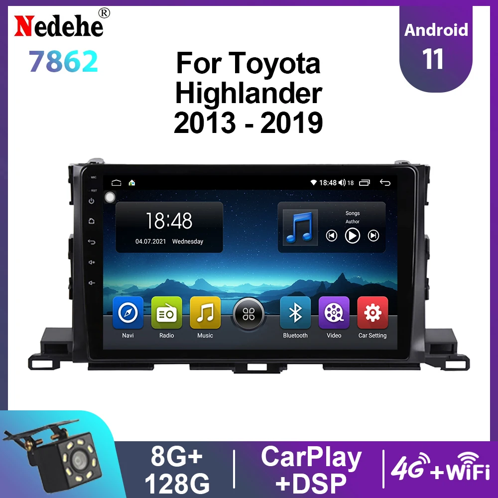 10 inch Car Radio Stereo Android 11 For Toyota Highlander 2013-2019 Multimedia Video Player Auto Audio GPS OLED Screen Carplay