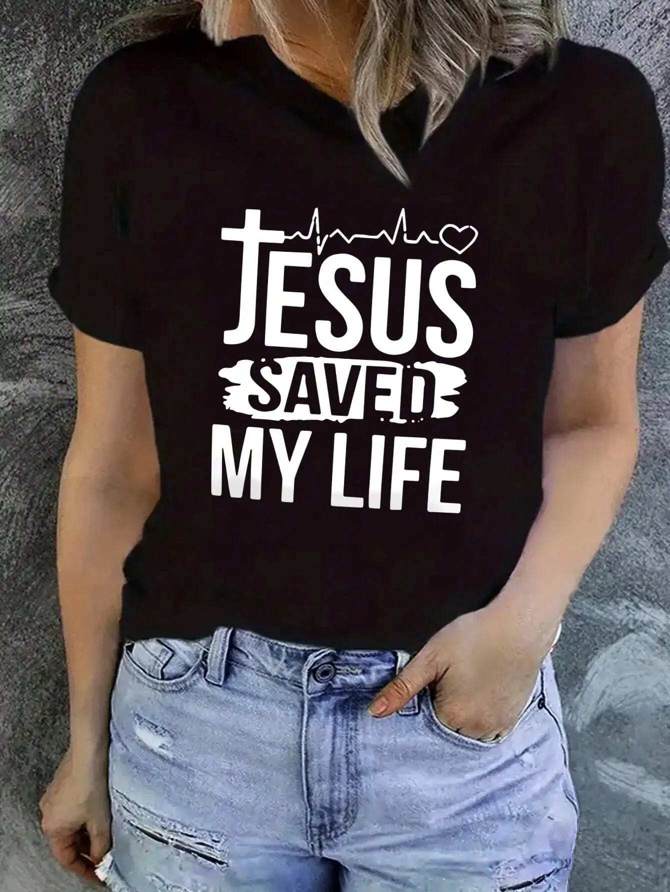 

Футболка больших размеров Faith - Driven JESUS SAVED MY LIFE с рисунком, элегантный модный массивный топ