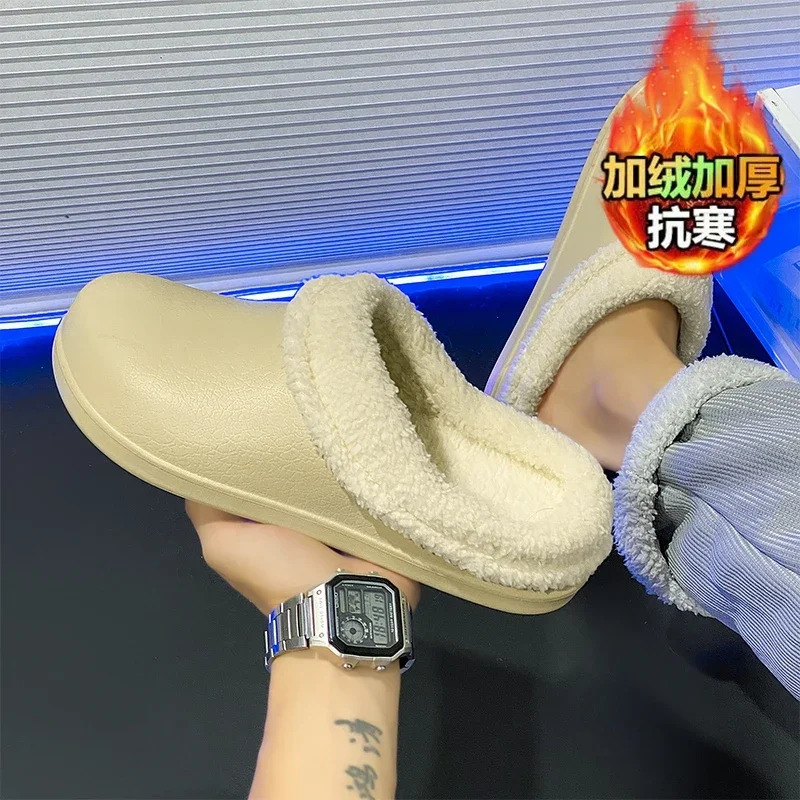 Chinelos de casal sólidos de inverno masculino casa de pelúcia slides novos homens eva fundo grosso sapatos de casa sandálias de algodão feminino antiderrapante