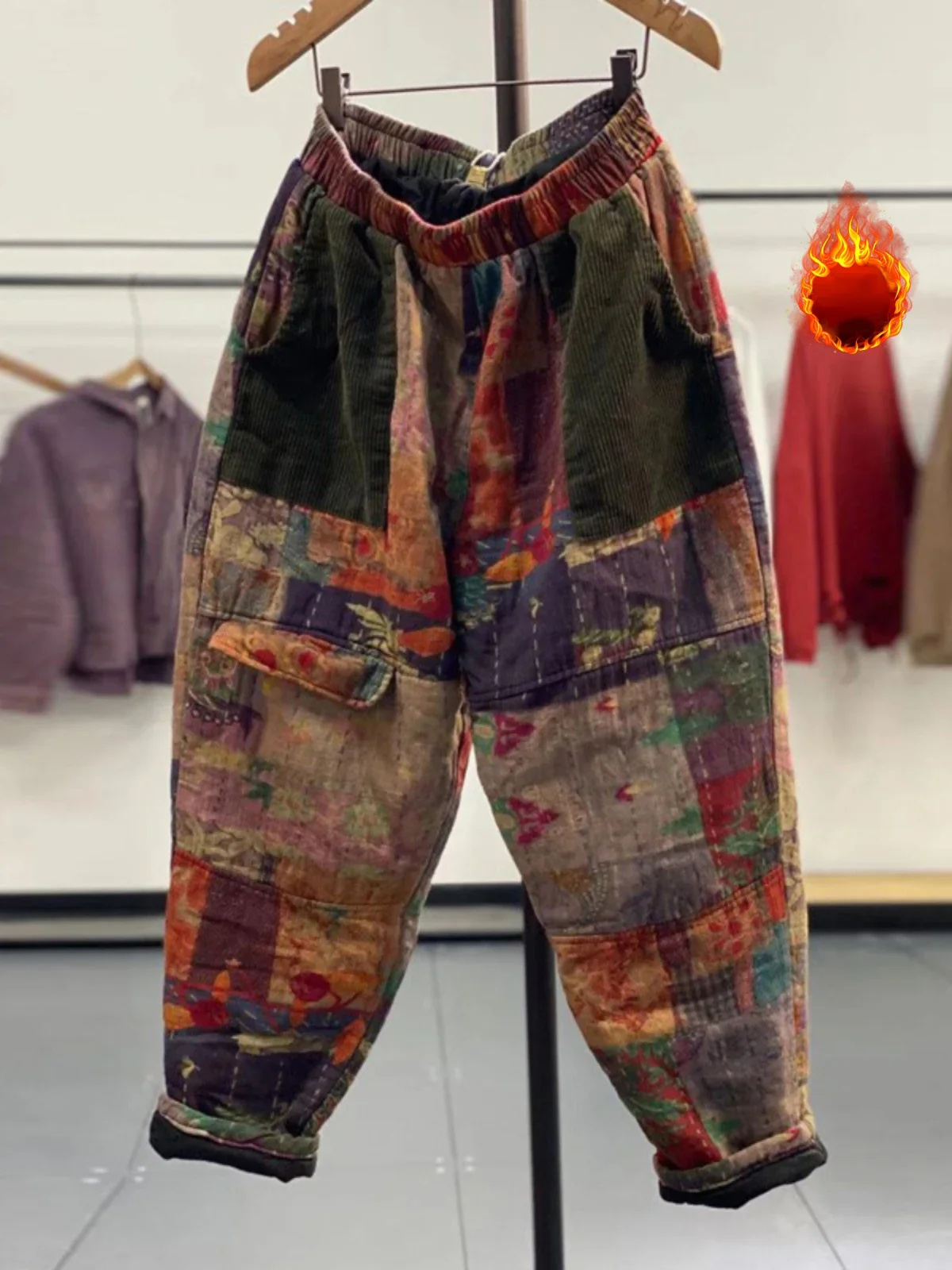 Ethnic Style Patchwork Print Cotton Padded Warm Women Harem Pants Vintage Elastic Waist Multi Pockets All-Match Trousers JJ130