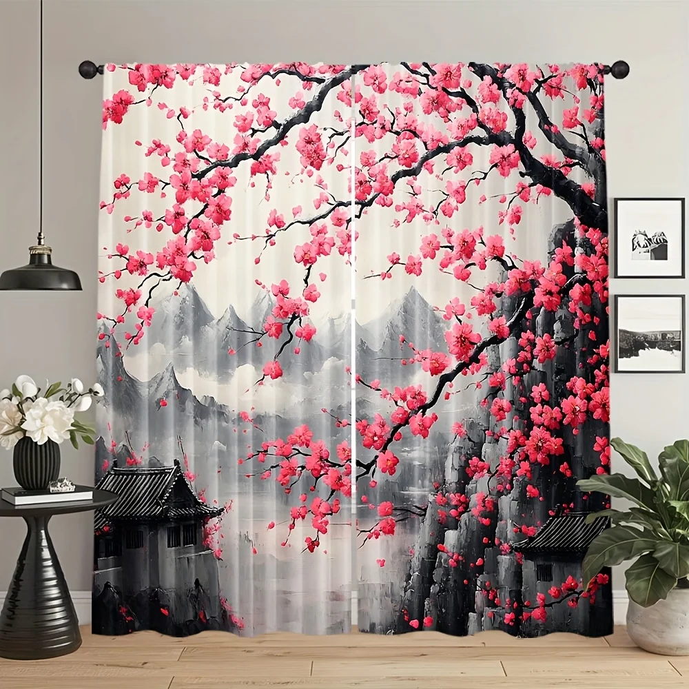 2 Panels Cherry Blossom Curtains Oriental Ink Painting Mountain Landscape Printed Polyester Living Room Bedroom Window Drapes