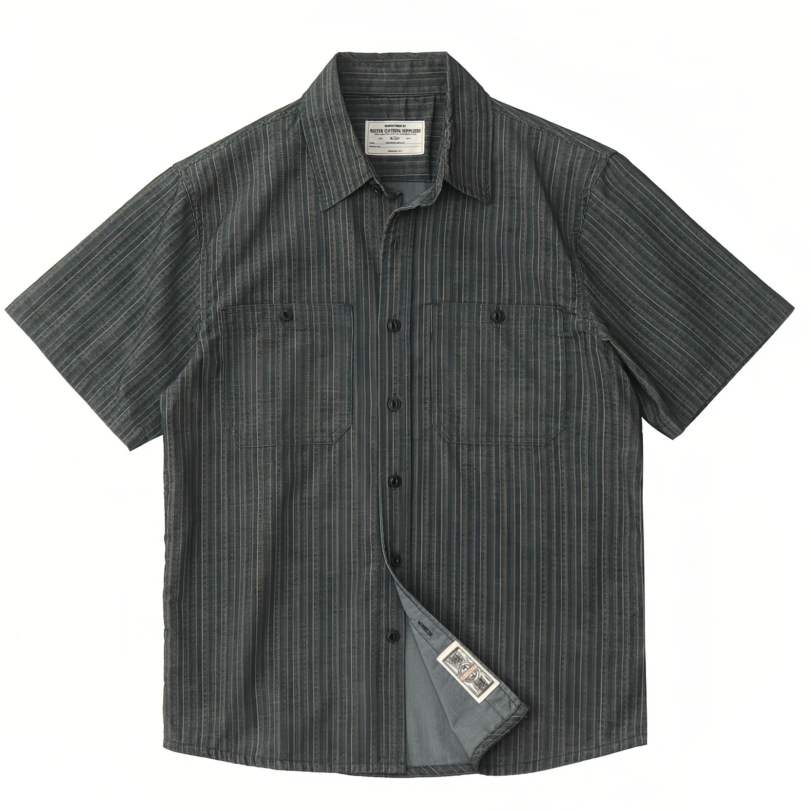 Vintage Striped Short Sleeve Shirt Men Amekaji Workwear Double Pocket Button Down Casual Shirts Summer Loose Fit Cotton Blouse