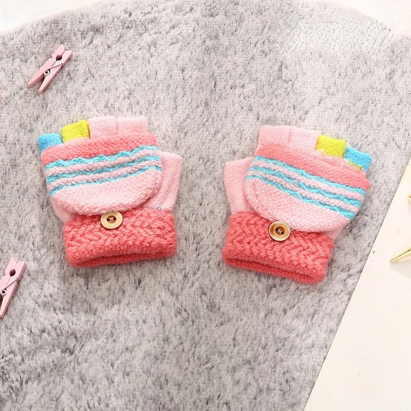 Soft Knitted Baby Gloves Striped Kids Girls Boys Full Finger Gloves Autumn Winter Warm Children Mittens 2-5 Years