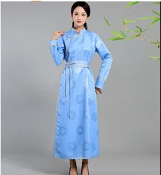 Grassland Mongolian traditional clothing women's handmade buckle stand collar loose robe