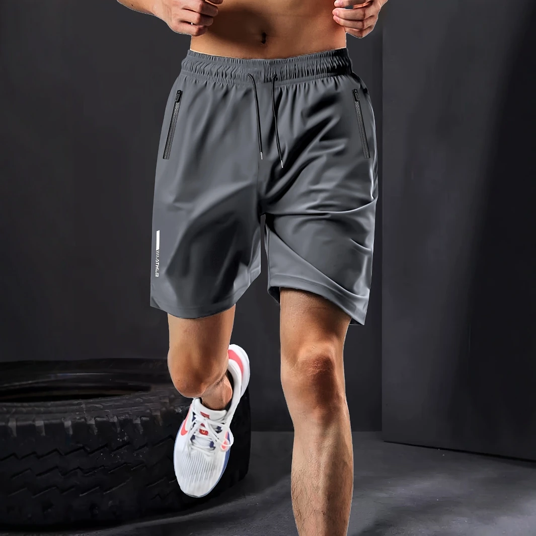 Men's Breathable Nylon-Spandex Summer Shorts - High-Elasticity, Drawstring Waist, Zipper Pockets, Navy Blue, Ideal for Gym, Hiki