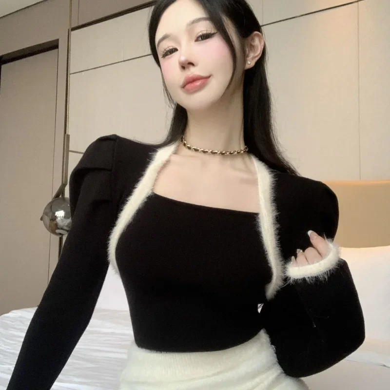 Jumper Sueter Mujer Vintage Cropped Black Sweaters Women Puff Sleeve Slim Pullover Short Square Sweater Top Knitwear Spring