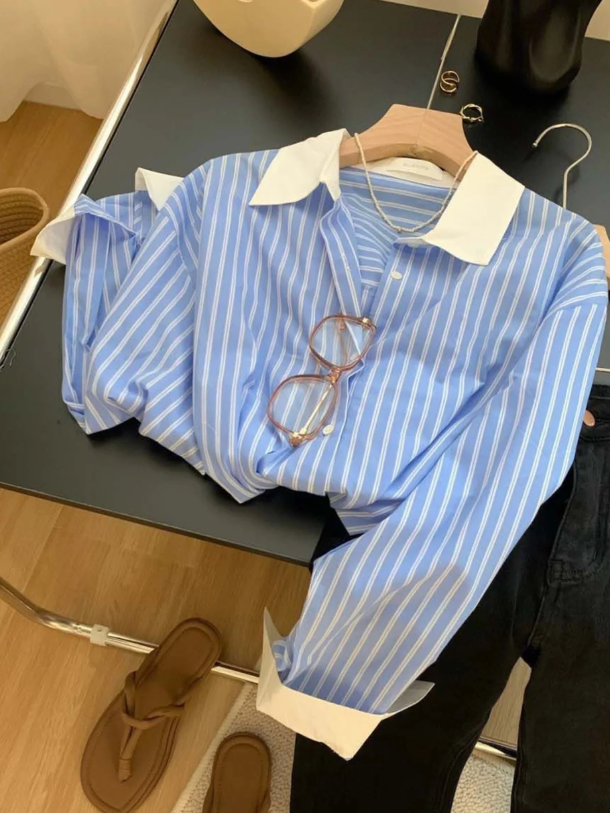 

Spring Autumn 2024 New Sle Women's irt Long Sve Stripe Color Blo Design Versatile Faionable Commute Wind Loose Fit