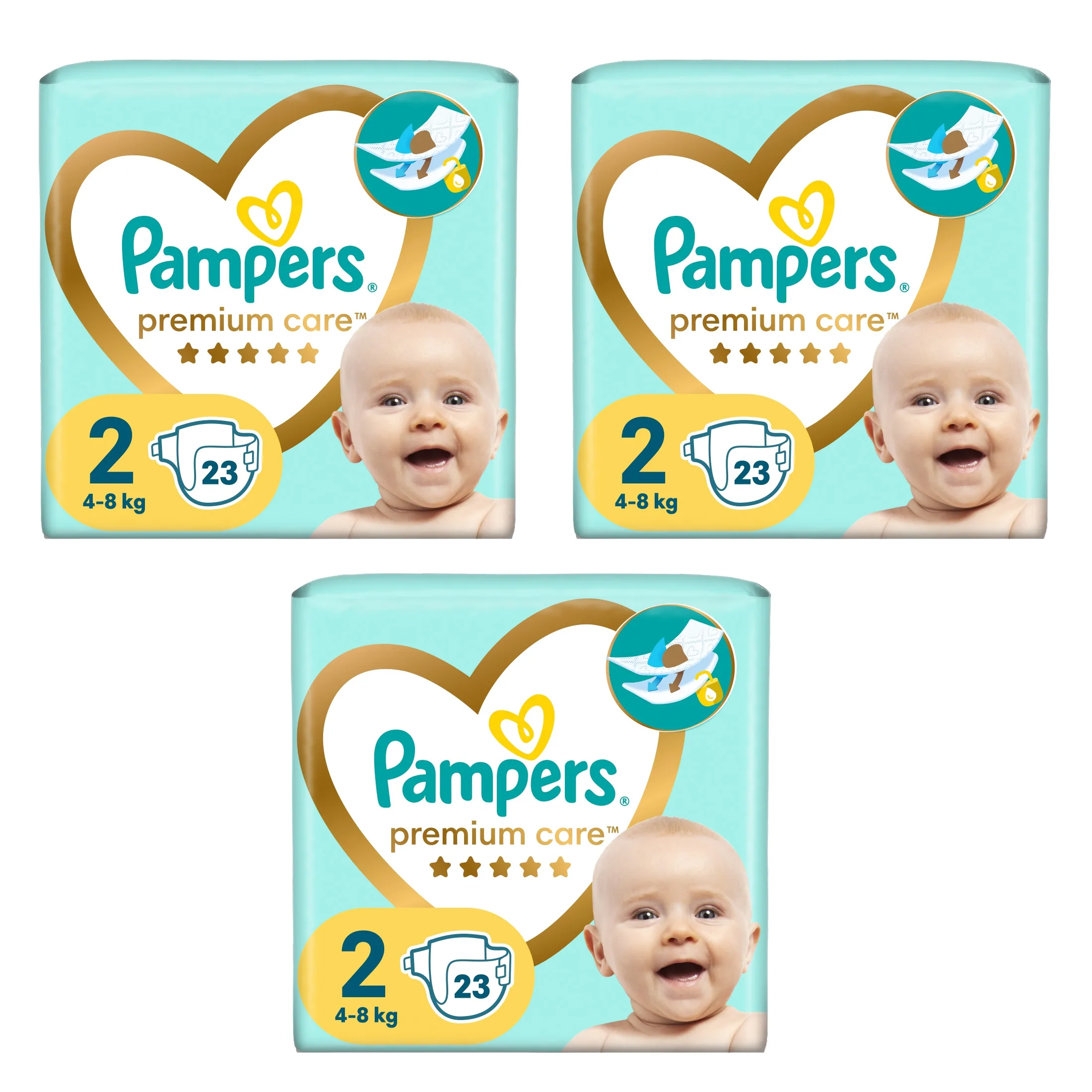 3x Pieluchy PAMPERS Premium Care roz 2 (4-8 kg) 23 szt