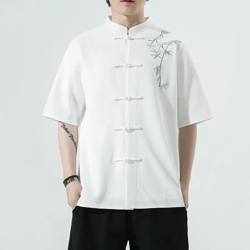 3 Colors Traditional Chinese Cotton Linen Embroidered Short Sleeved Shirt for Men Retro Stand Collar Plate Buckle Tang Suit Top