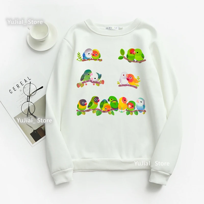 Watercolor Birds Print Sweatshirt Girls Cockatiel Family Kawaii Hoodie Women Harajuku Clothes Fashion Jumper Streetwear