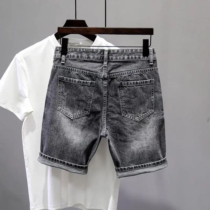 Fashion 2026 Ripped Denim Shorts Men's Summer New Black and Gray Slim-fitting Small Straight-leg Black Five-point Pants Man Jean