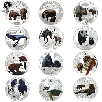 12pcs/set African Endangered Animals Challenge Coin Metal Silver Plated Crystal 1000 Kwacha Zambia Silver Coin Collection Gift