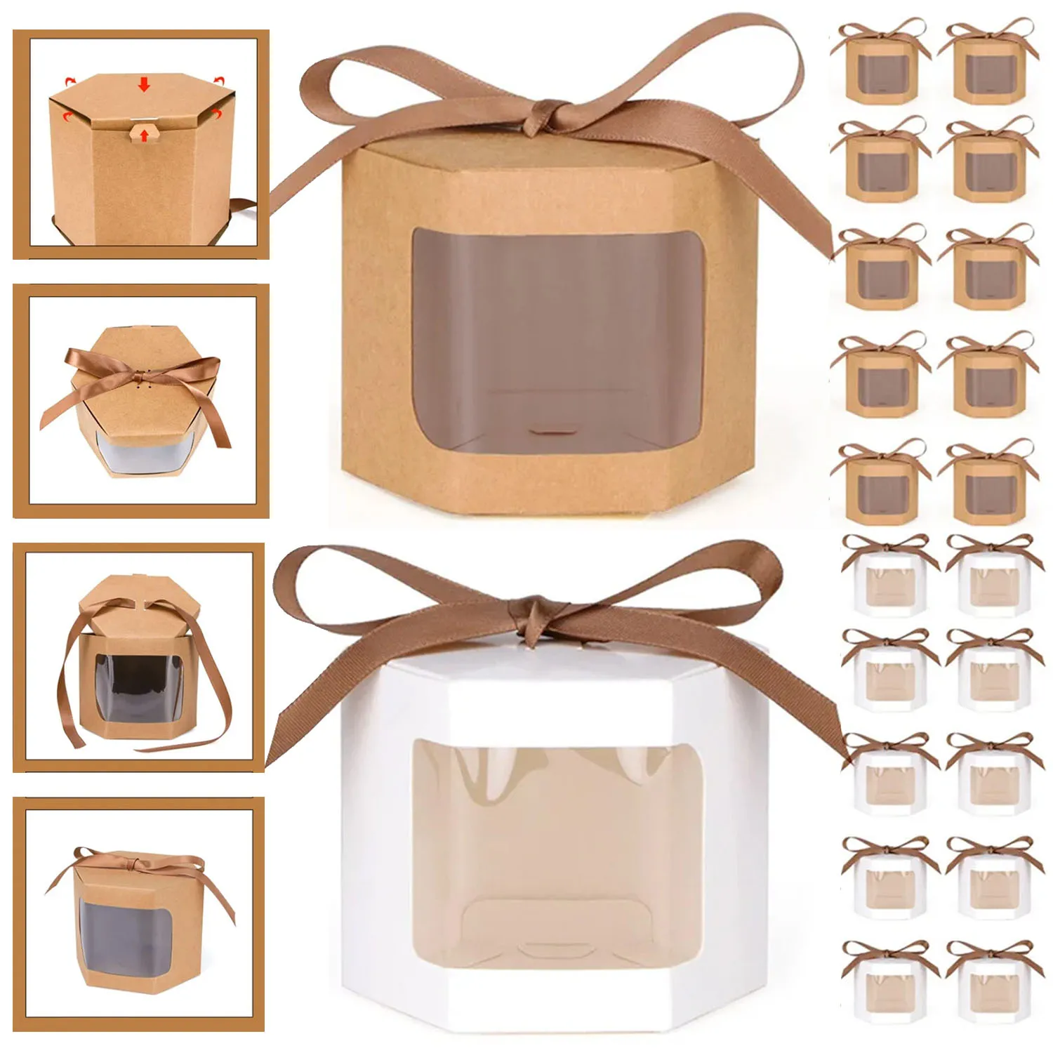 

12PCS Kraft Paper Open Window Gift Box Baking Dessert Wedding Favor Candy Packaging Box With Ribbon Birthday Party Decoration