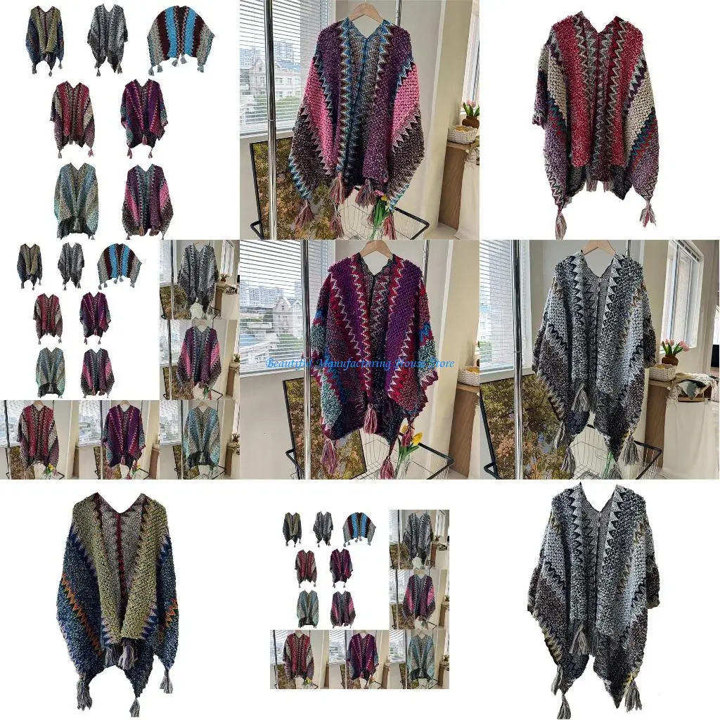 E56A المرأة متماسكة المعطف كيب الخريف الشتاء البوهيمي المعطف عباءة شرابات سترة #1