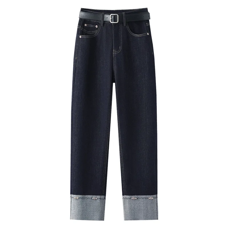 جينز بتصميم كتلة الألوان تسع نقاط للنساء صيفي متعدد الاستخدامات للتخسيس، سروال مستقيم عصري #5