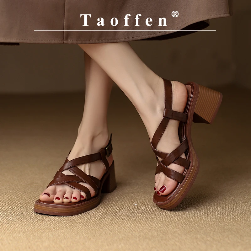 Brand Genuine Cow Leather Sandals Block Mid Heels Women Roma Sandals Square Toe Retro Buckle Sandals Slingback 2023 Trend