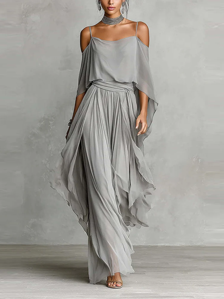

Fashion Draped Asymmetrical Outfits Elegant Off Shoulder Sling Tops & Long Pant Set Women Casual Hollow Sleeve Solid 2Pc Suits
